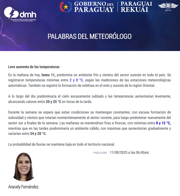 Mañana fresca y tarde cálida, sin lluvias, según Meteorología