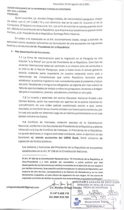 Piden juicio político contra Santiago Peña