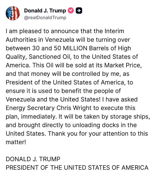 Trump afirma que Venezuela entregará millones de barriles de petróleo a EE.UU.