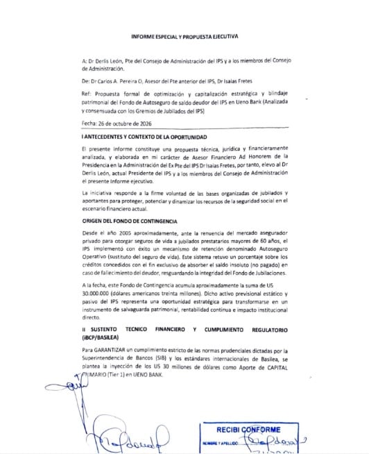 Exconsejero propone que IPS invierta USD 30 millones en Ueno Bank